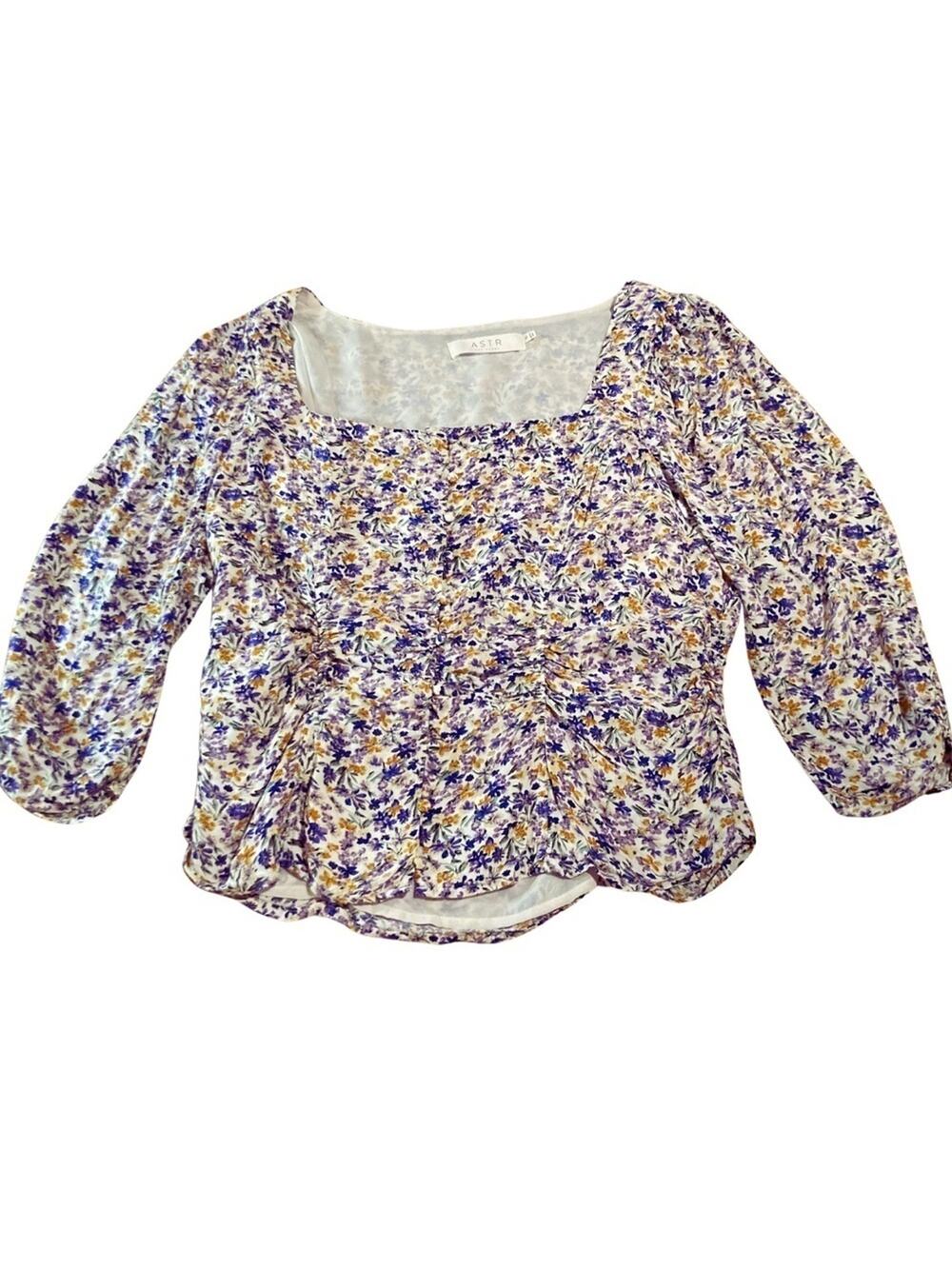 ASTR The Label Womens XL White Floral Ruched Peasant Top Cottage Boho Milkmaid